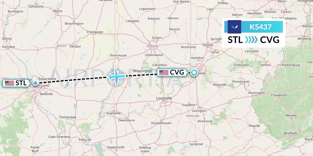 K5437 SeaPort Airlines Flight Map: St. Louis to Cincinnati