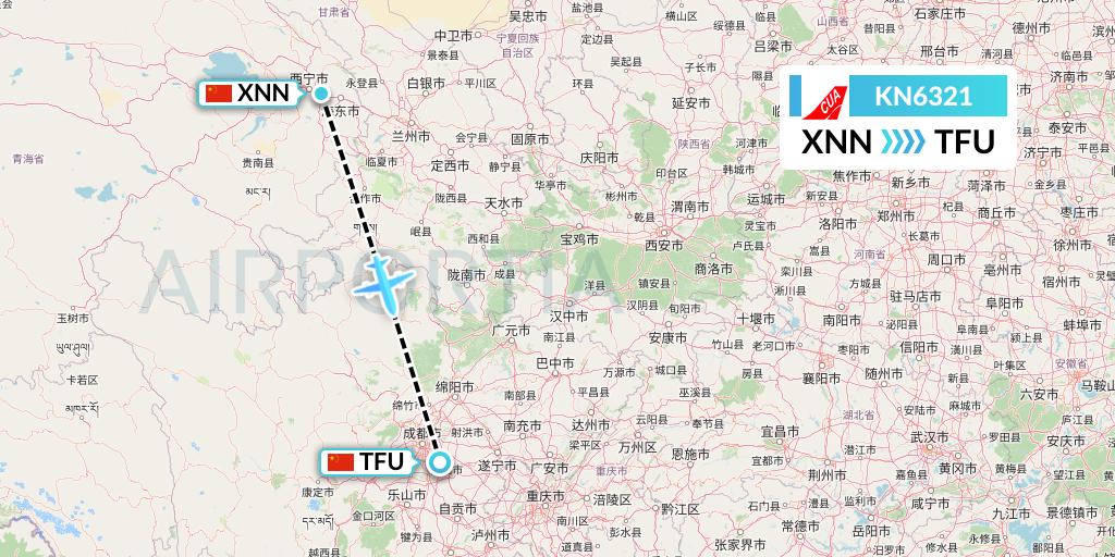 KN6321 China United Airlines Flight Map: Xining to Chengdu