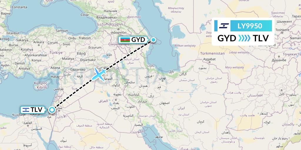 LY9950 El Al Flight Map: Baku to Tel Aviv