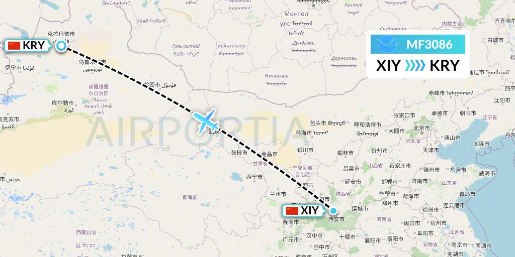 MF3086 Xiamen Airlines Flight Map: Xi'an to Karamay