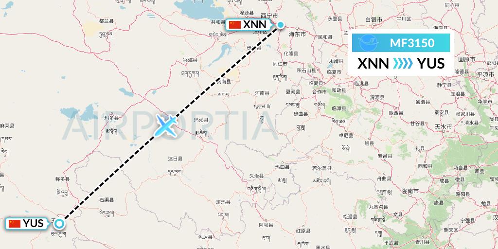 MF3150 Xiamen Airlines Flight Map: Xining to Yushu