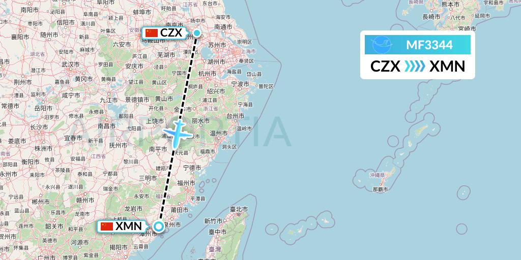 MF3344 Xiamen Airlines Flight Map: Changzhou to Xiamen