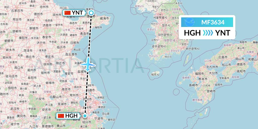 MF3634 Xiamen Airlines Flight Map: Hangzhou to Yantai