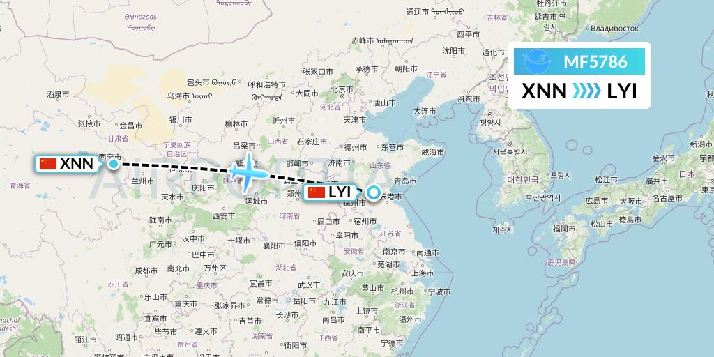 MF5786 Xiamen Airlines Flight Map: Xining to Linyi