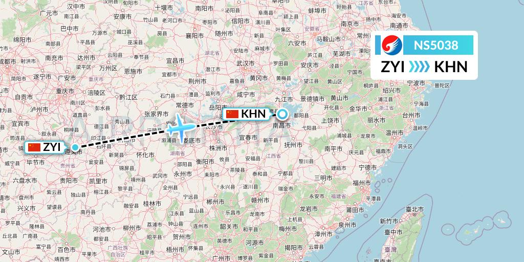 NS5038 Hebei Airlines Flight Map: Zunyi to Nanchang