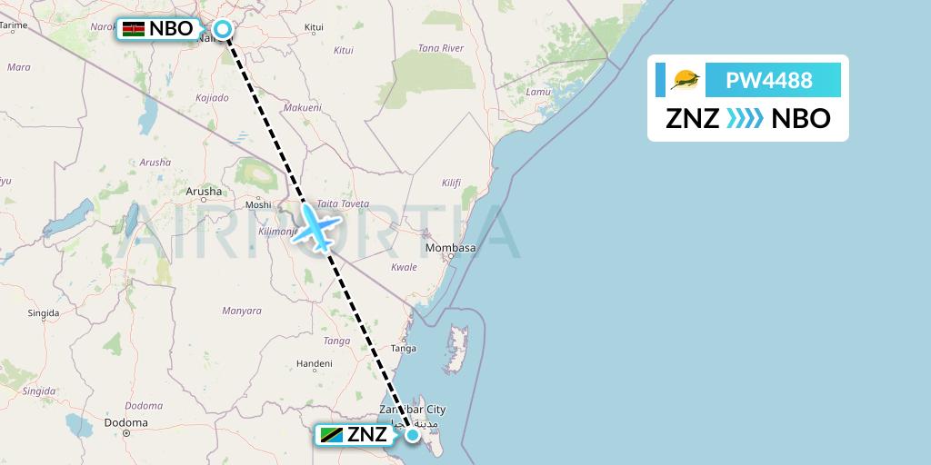 PW4488 Precision Air Flight Map: Zanzibar to Nairobi