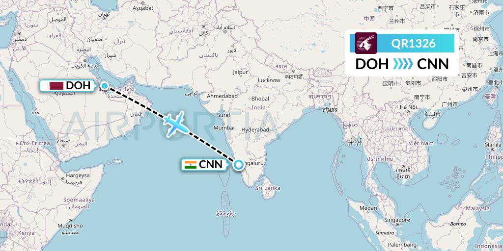QR1326 Qatar Airways Flight Map: Doha to Mattannur