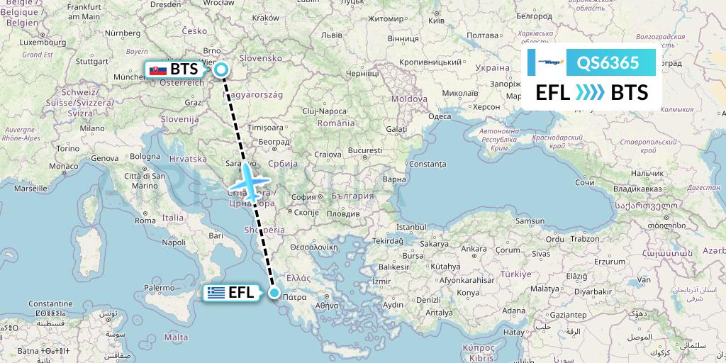 QS6365 Smartwings Flight Map: Kefalonia to Bratislava