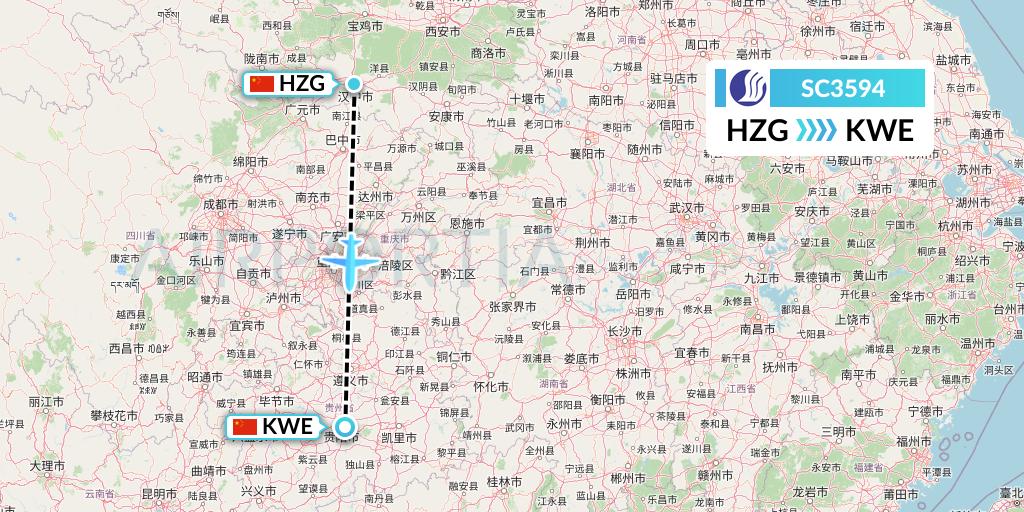 SC3594 Shandong Airlines Flight Map: Hanzhong to Guiyang