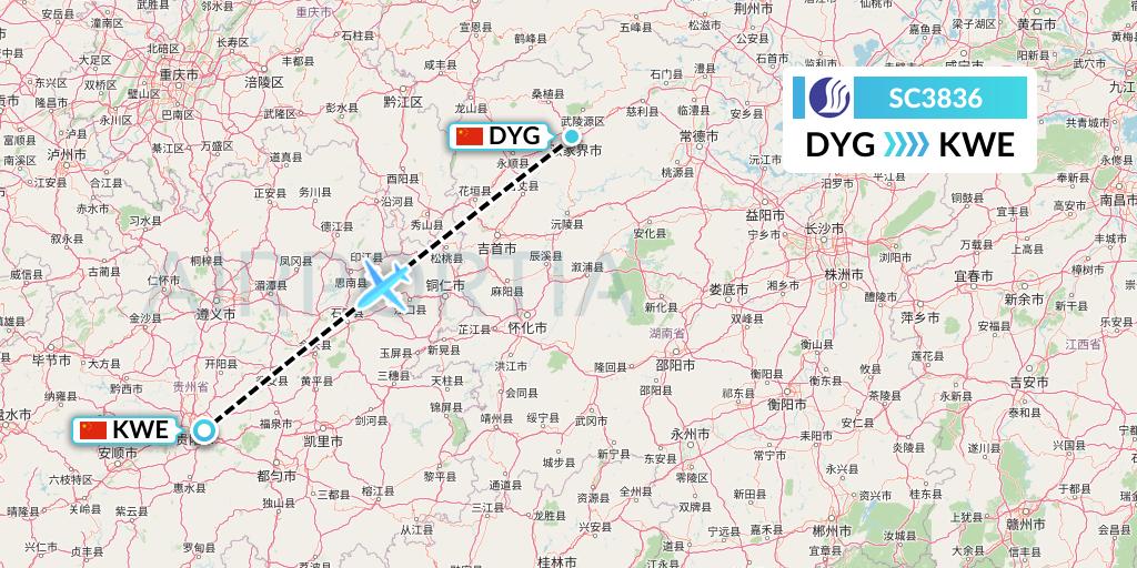 SC3836 Shandong Airlines Flight Map: Dayong to Guiyang