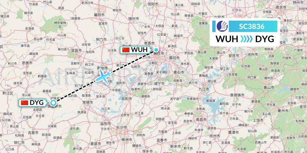 SC3836 Shandong Airlines Flight Map: Wuhan to Dayong