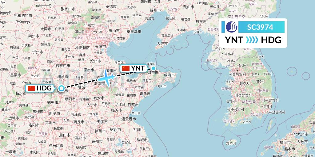 SC3974 Shandong Airlines Flight Map: Yantai to Handan