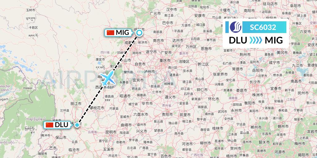 SC6032 Shandong Airlines Flight Map: Dali to Mianyang
