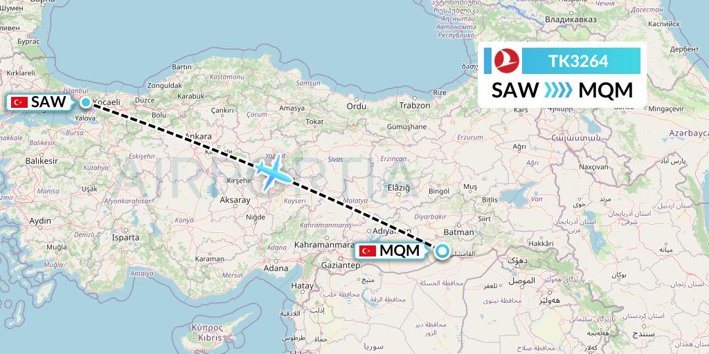TK3264 Turkish Airlines Flight Map: Istanbul to Mardin