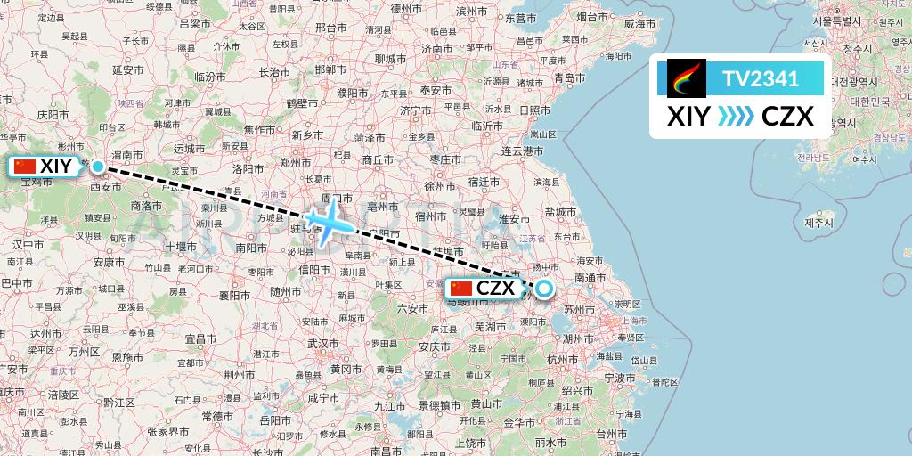 TV2341 Tibet Airlines Flight Map: Xi'an to Changzhou