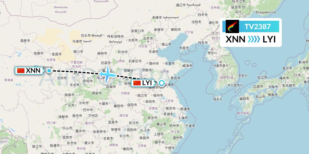 TV2387 Tibet Airlines Flight Map: Xining to Linyi