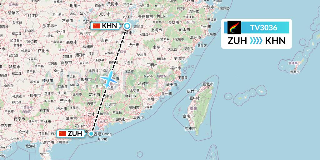 TV3036 Tibet Airlines Flight Map: Zhuhai to Nanchang