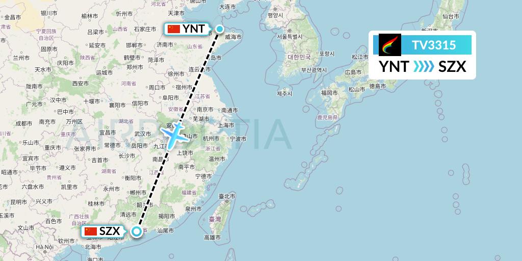 TV3315 Tibet Airlines Flight Map: Yantai to Shenzhen