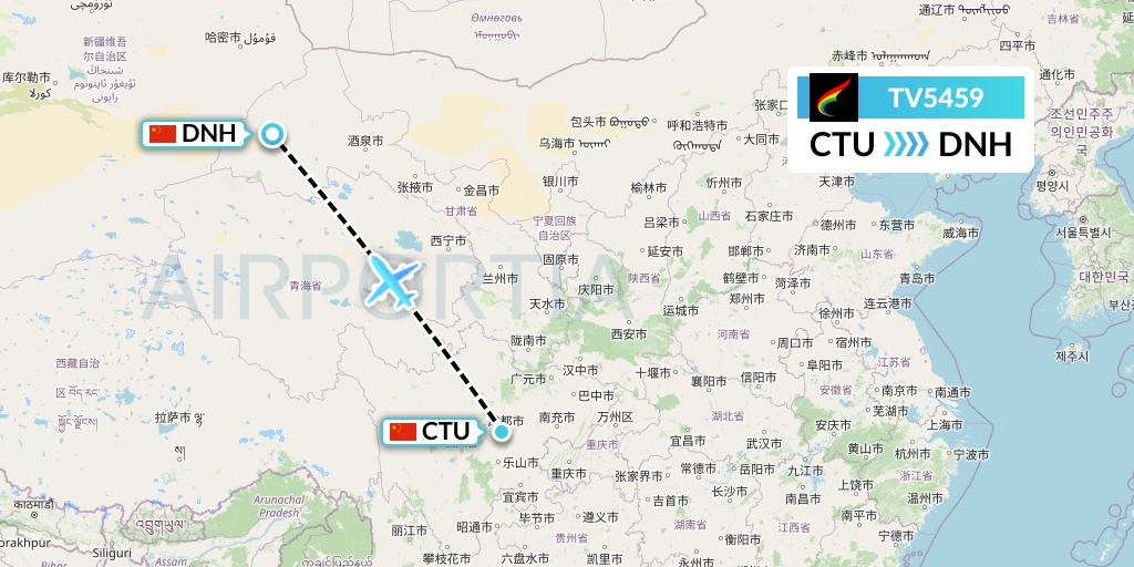 TV5459 Tibet Airlines Flight Map: Chengdu to Dunhuang