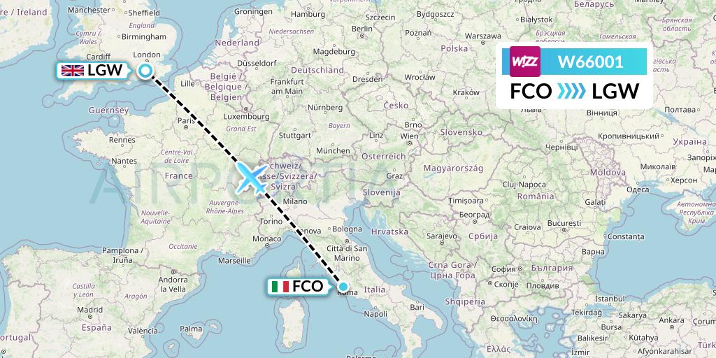 W66001 Wizz Air Flight Map: Rome to London