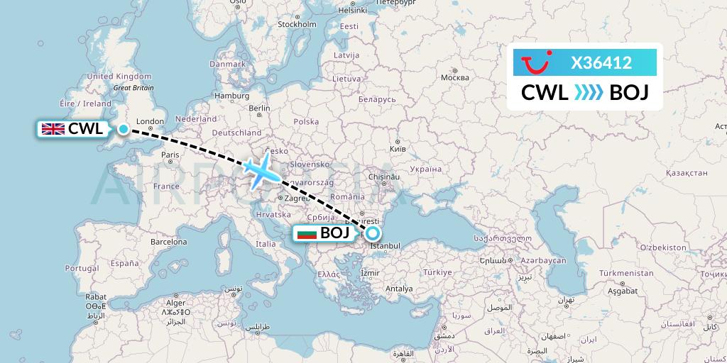 X36412 TUI fly Germany Flight Map: Cardiff to Burgas