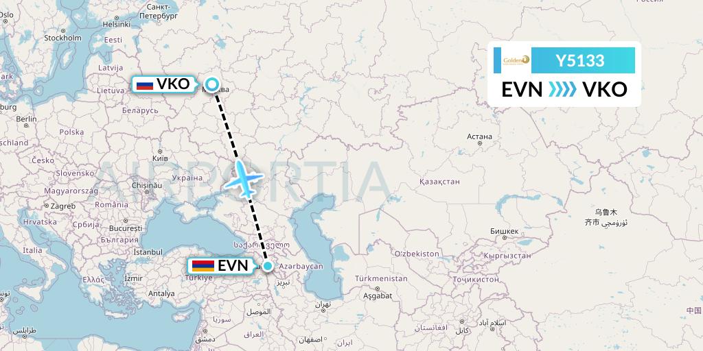 Y5133 Golden Myanmar Airlines Flight Map: Yerevan to Moscow