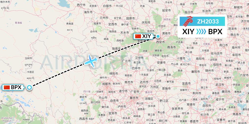 ZH2033 Shenzhen Airlines Flight Map: Xi'an to Bangda