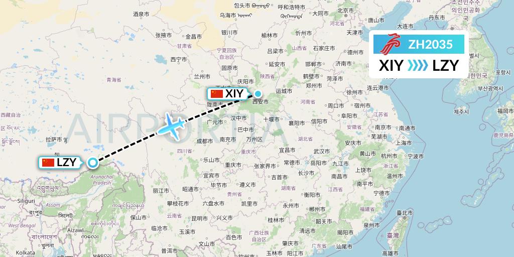 ZH2035 Shenzhen Airlines Flight Map: Xi'an to Nyingchi