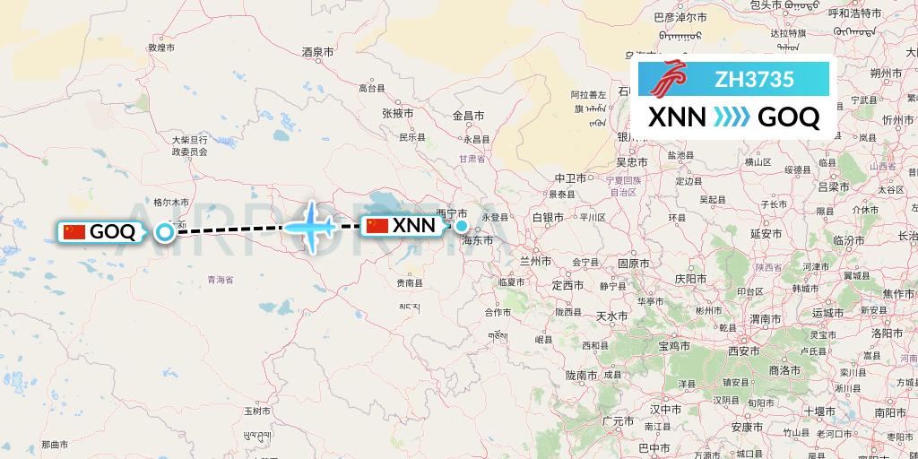 ZH3735 Shenzhen Airlines Flight Map: Xining to Golmud
