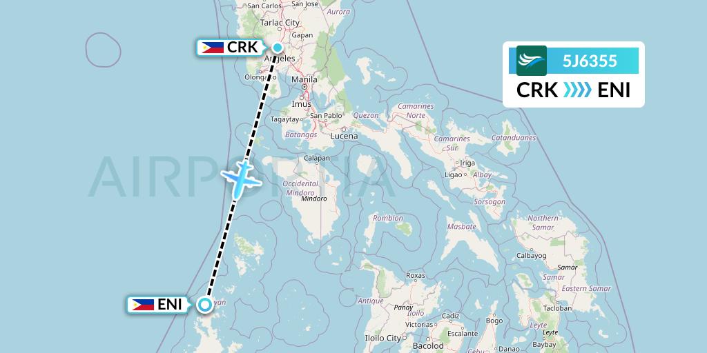 5J6355 CEBU Pacific Air Flight Map: Angeles City to El Nido