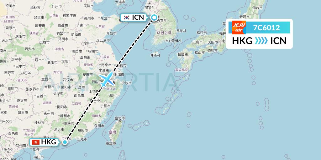 7C6012 Jeju Air Flight Map: Hong Kong to Seoul