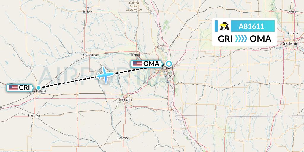 A81611 Aerolink Uganda Flight Map: Grand Island to Omaha