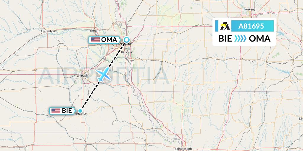 A81695 Aerolink Uganda Flight Map: Beatrice to Omaha