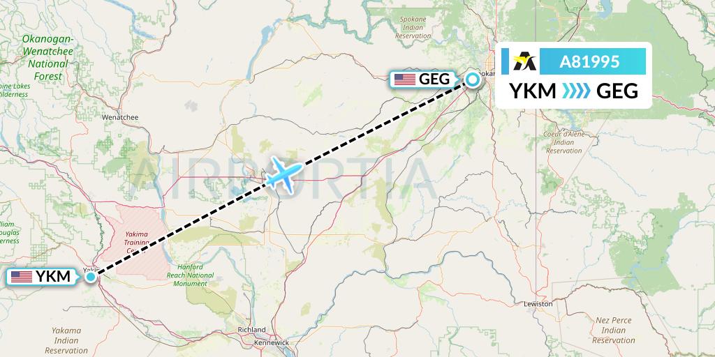A81995 Aerolink Uganda Flight Map: Yakima to Spokane