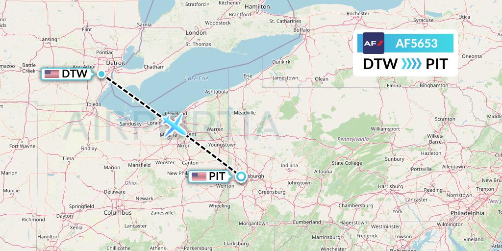 AF5653 Air France Flight Map: Detroit to Pittsburgh