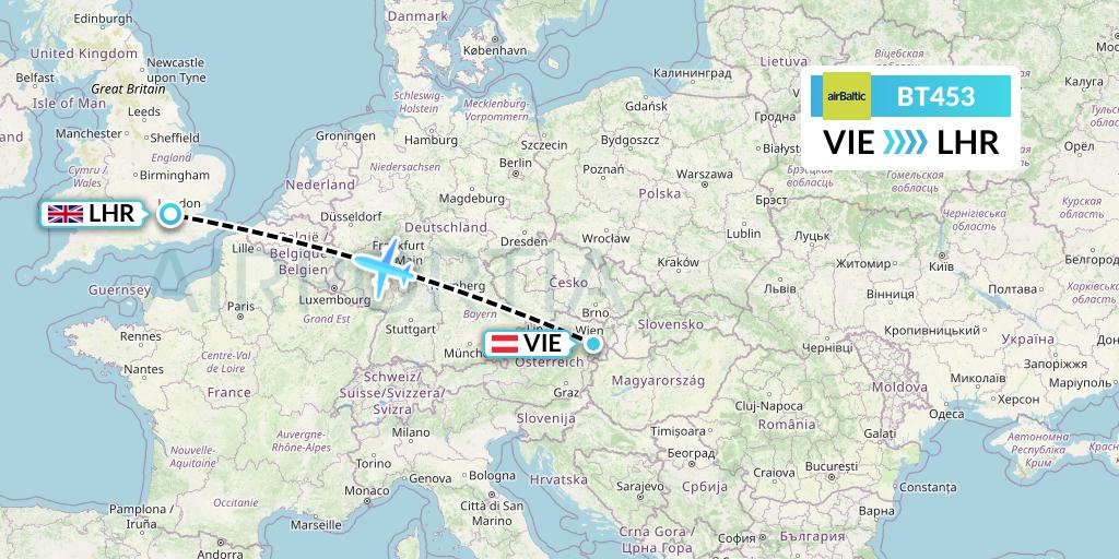 BT453 Air Baltic Flight Map: Vienna to London