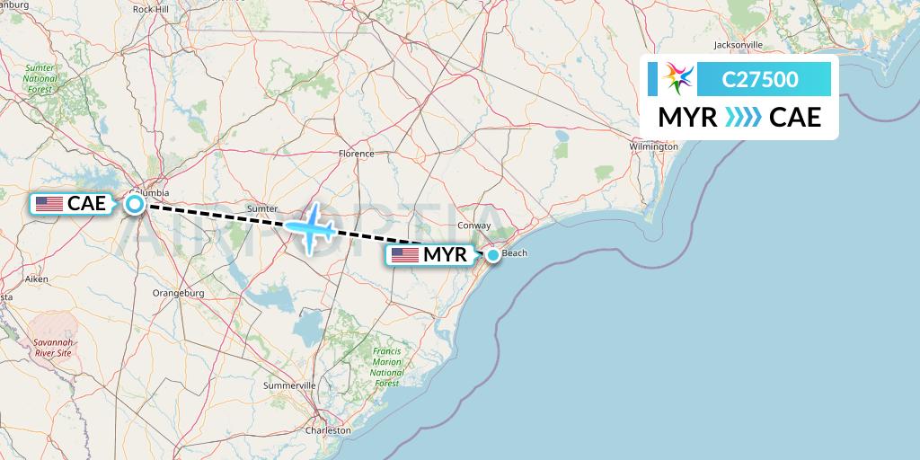 C27500 Ceiba Intercontinental Flight Map: Myrtle Beach to Columbia