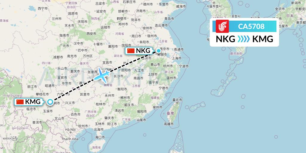 CA5708 Air China Flight Map: Nanjing to Kunming