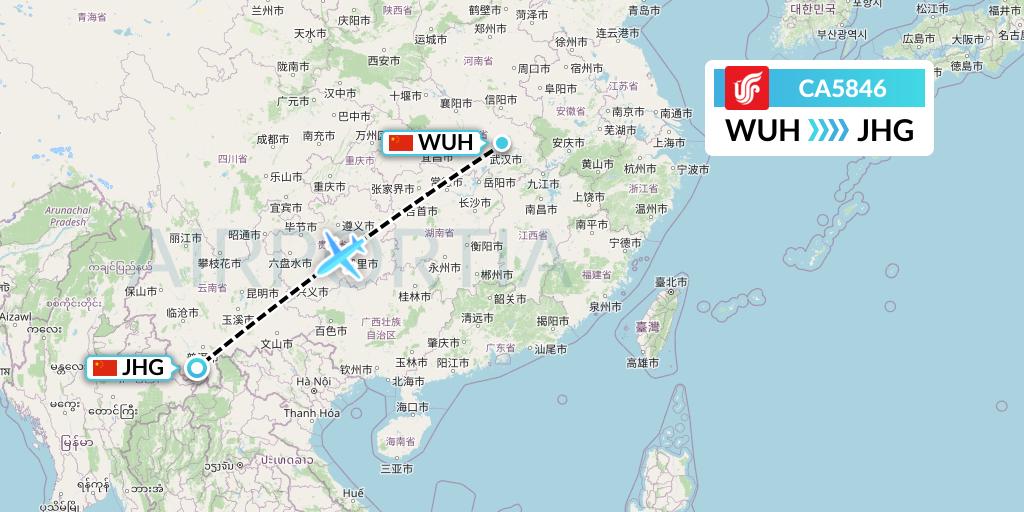 CA5846 Air China Flight Map: Wuhan to Jinghong