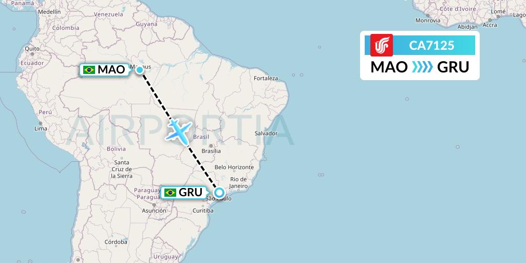 CA7125 Air China Flight Map: Manaus to Sao Paulo