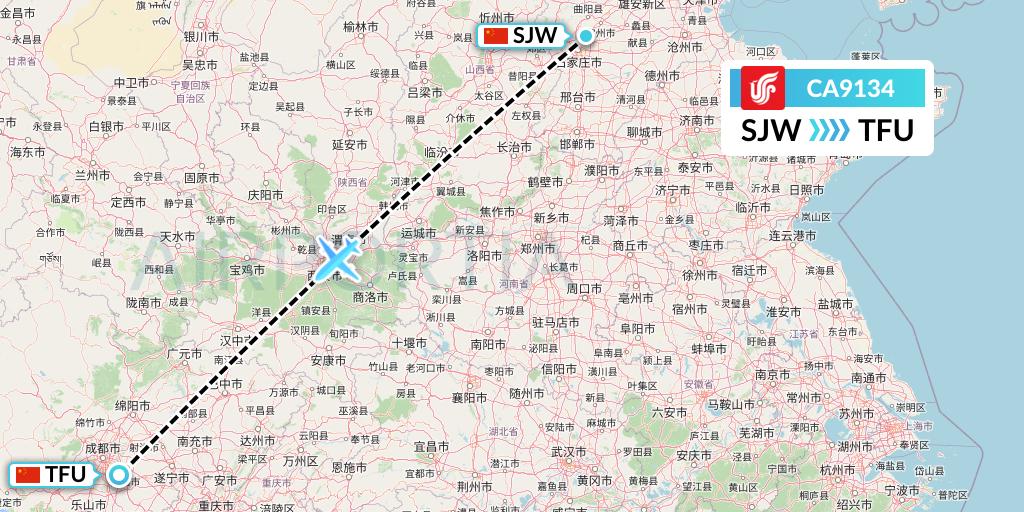 CA9134 Air China Flight Map: Shijiazhuang to Chengdu