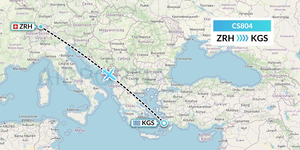 CS804 Continental Micronesia Flight Map: Zurich to Kos