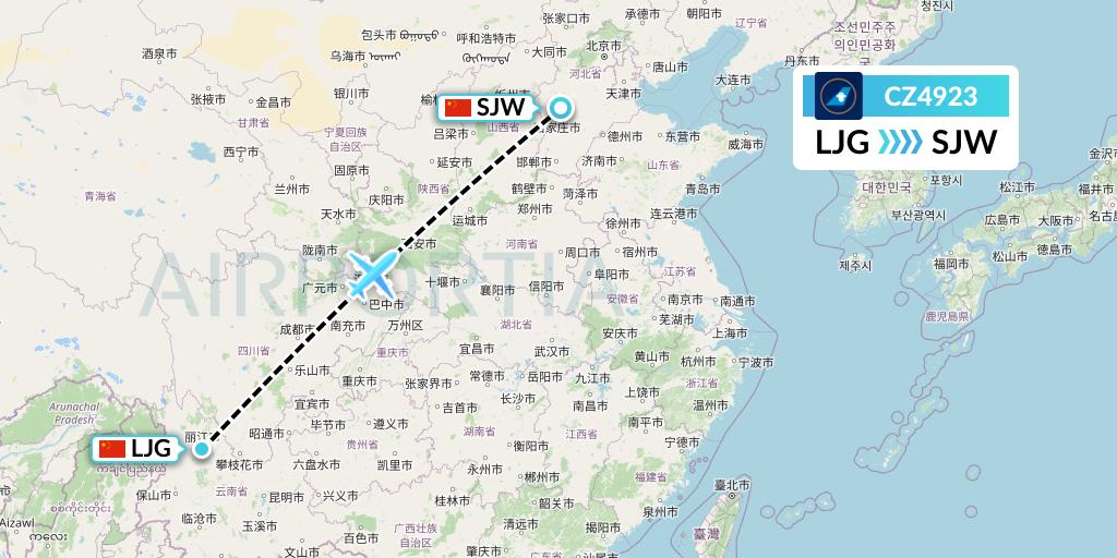 CZ4923 China Southern Airlines Flight Map: Lijiang to Shijiazhuang