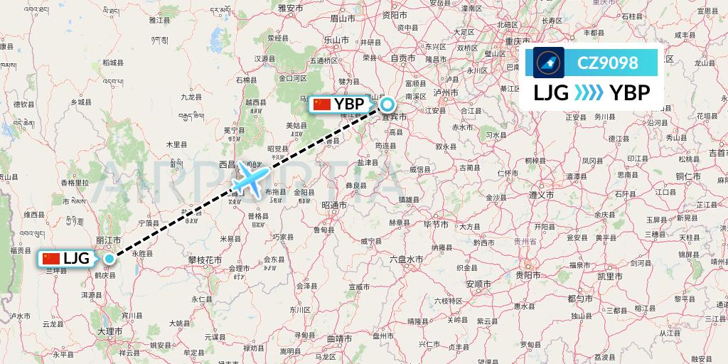 CZ9098 China Southern Airlines Flight Map: Lijiang to Yibin