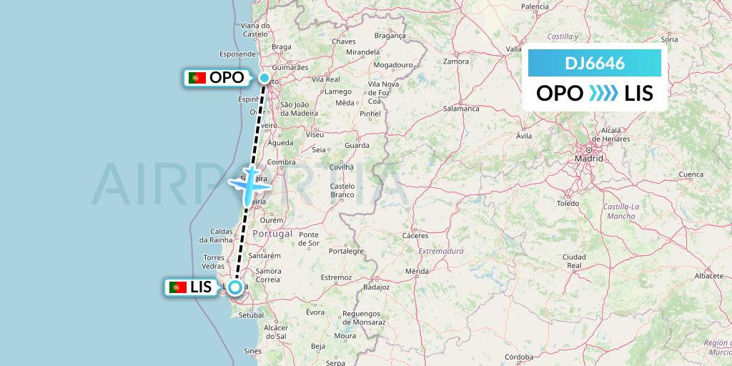 DJ6646 Air Djibouti Flight Map: Porto to Lisbon