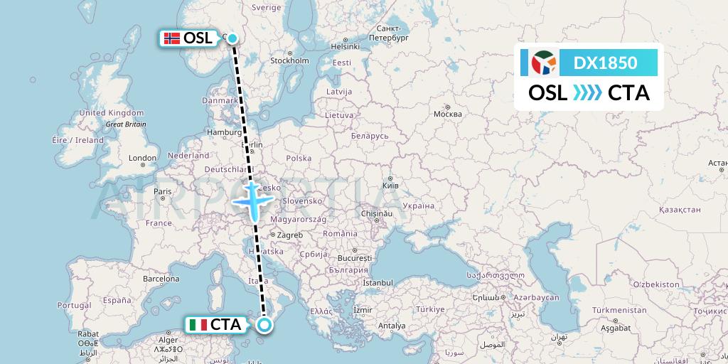 DX1850 Danish Air Transport Flight Map: Oslo to Catania