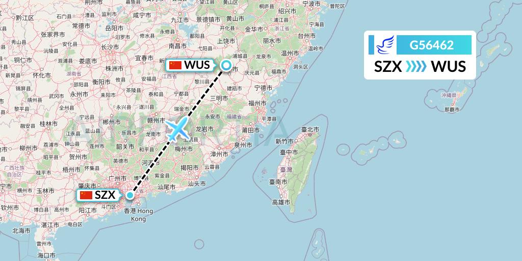 G56462 China Express Airlines Flight Map: Shenzhen to Wuyishan