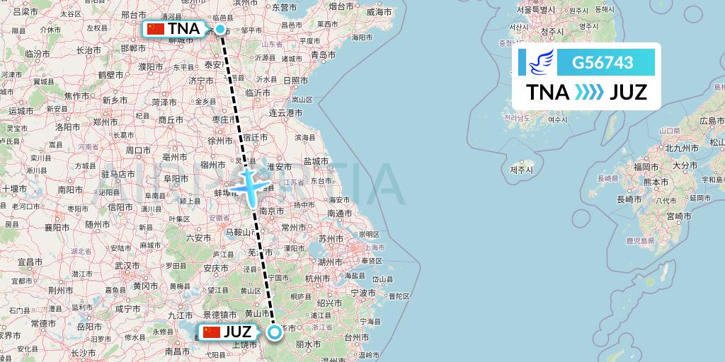 G56743 China Express Airlines Flight Map: Jinan to Quzhou