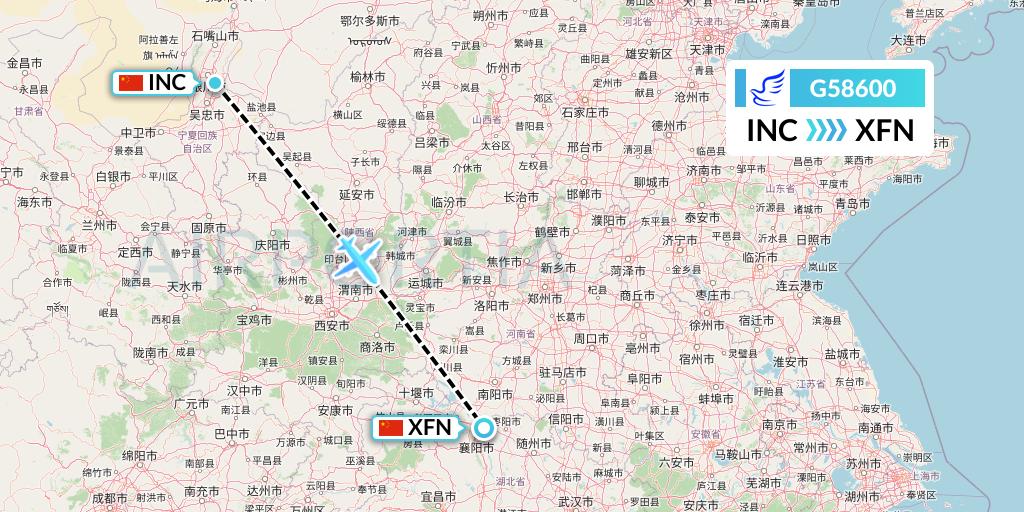 G58600 China Express Airlines Flight Map: Yinchuan to Xiangyang