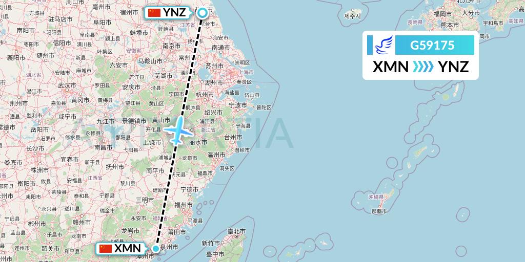 G59175 China Express Airlines Flight Map: Xiamen to Yancheng